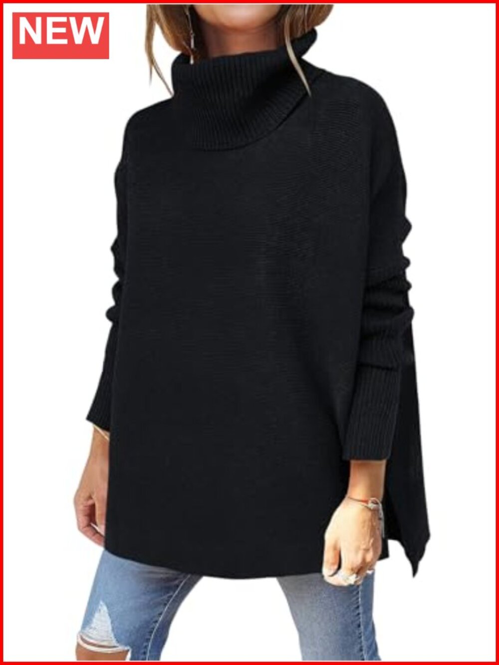 Womens Oversized Turtleneck Sweater Batwing Sleeve High Low Hem